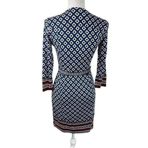 Diane von Furstenberg women's 4 Silk Jersey Wrap Dress Blue Geometric EUC - Picture 3 of 15